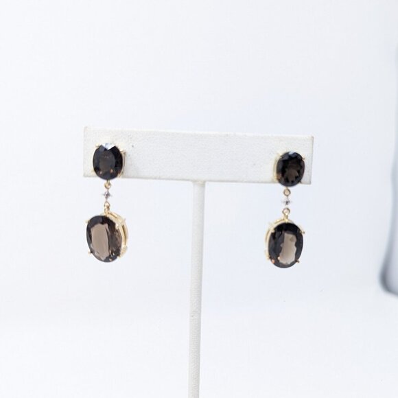 10K Solid Gold Vintage Smokey Quartz Oval Shaped Diamond Accent Earrings - Picture 1 of 11